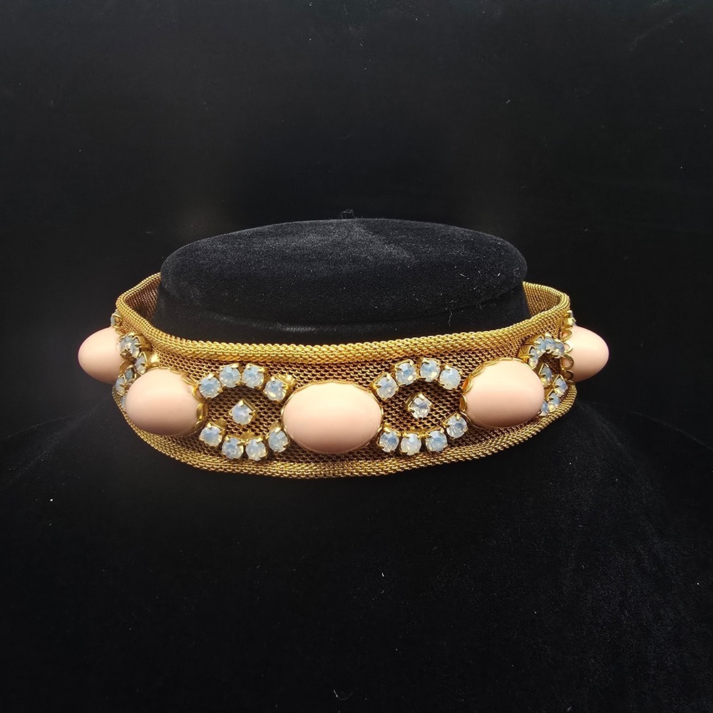 Gold Tone Mesh Choker Necklace Gold Tone Pink Clear Rhinestone Vintage
